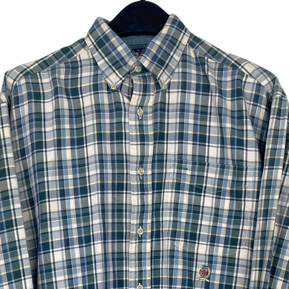 Vintage Y2K Tommy Hilfiger Plaid Button Down Shirt Mens Medium Blue Green Cotton